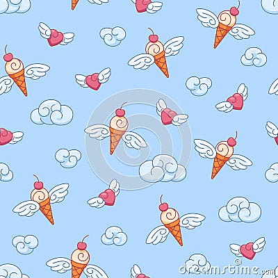 Seamless vector pattern with flying winged hearts and ice cream cones on a background of blue sky with clouds Vector Illustration
